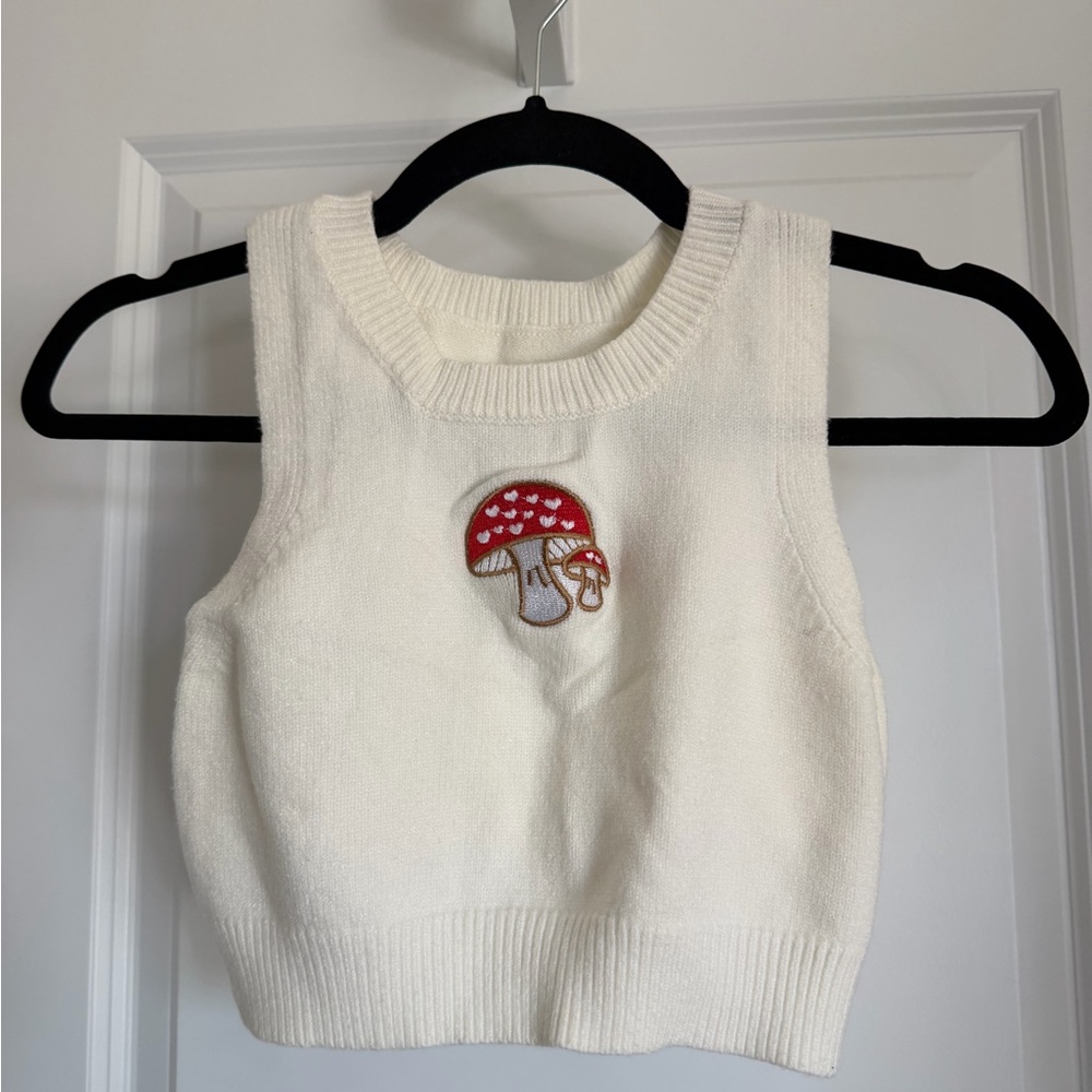 White Sweater Vest with Mushroom Design
